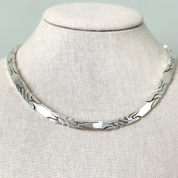 Vintage CII Mexico 925 Sterling Silver Heavy Bar Pattern Link Collar Necklace - Picture 3 of 12